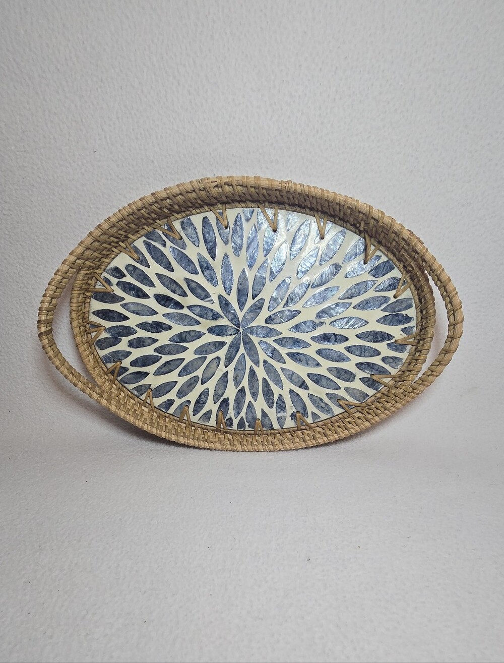 Woven Rattan Tray with Blue Patterned Insert